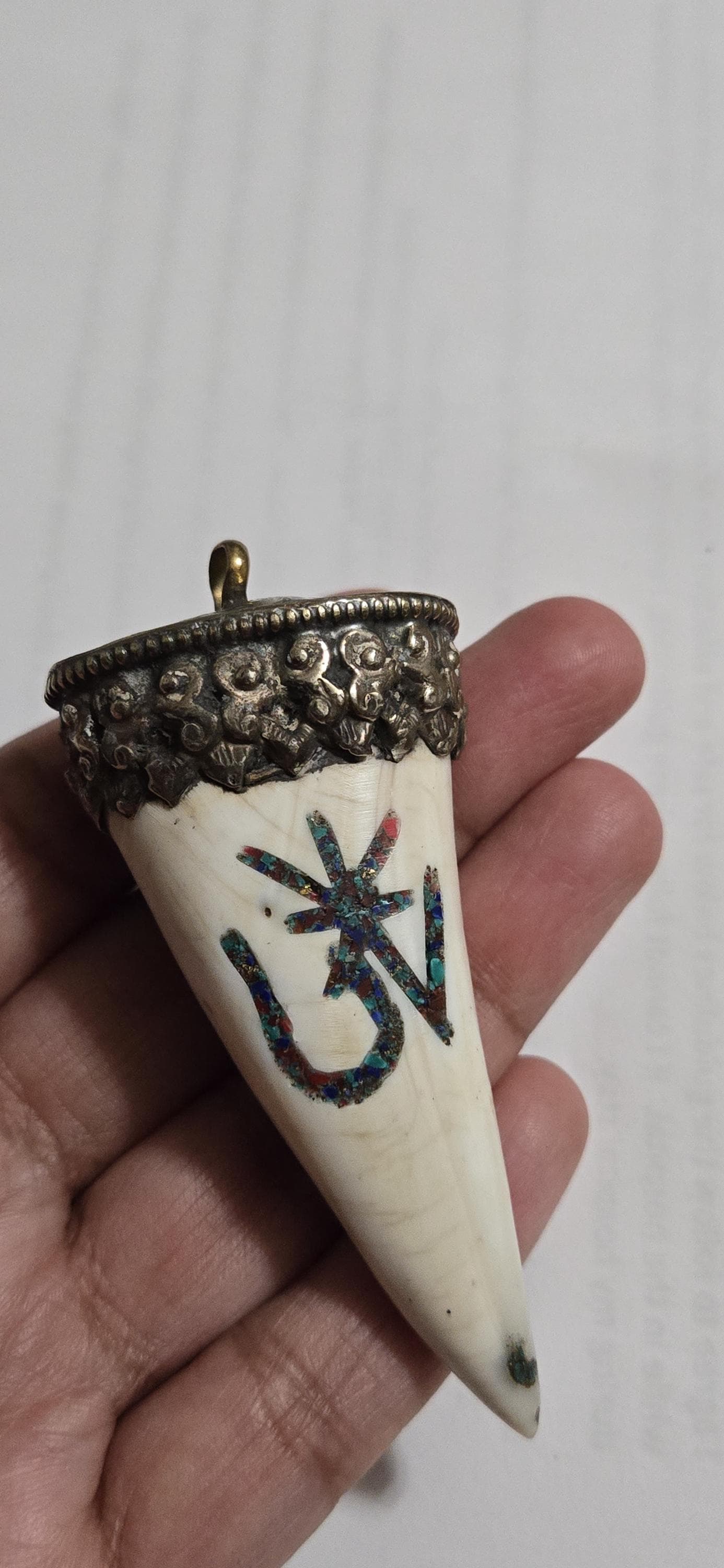 Large Tibetan silver capped naga conch shell tusk horn shape pendant with Tibetan OM turquoise coral inlaid - PM438G1