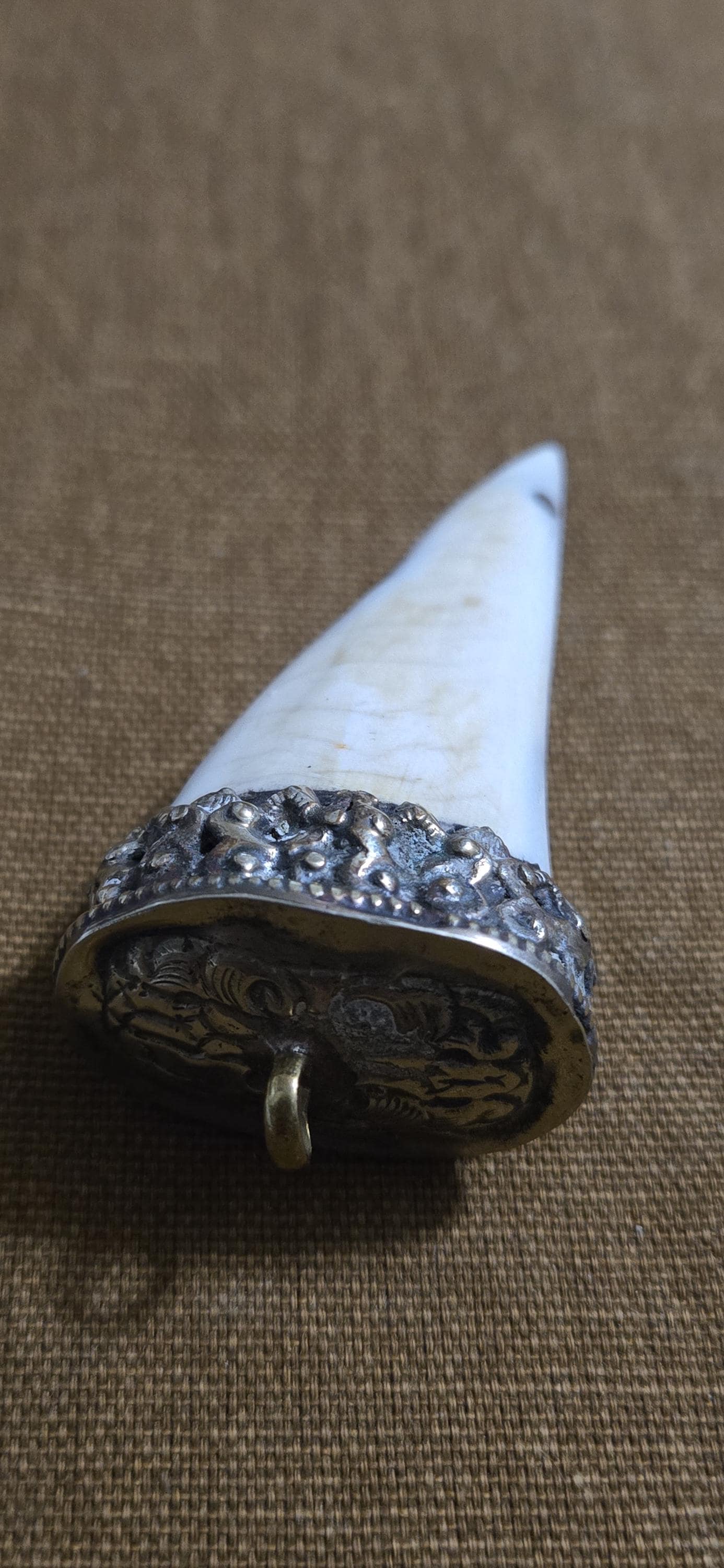 Large Tibetan silver capped naga conch shell tusk horn shape pendant with Tibetan OM turquoise coral inlaid - PM438G1