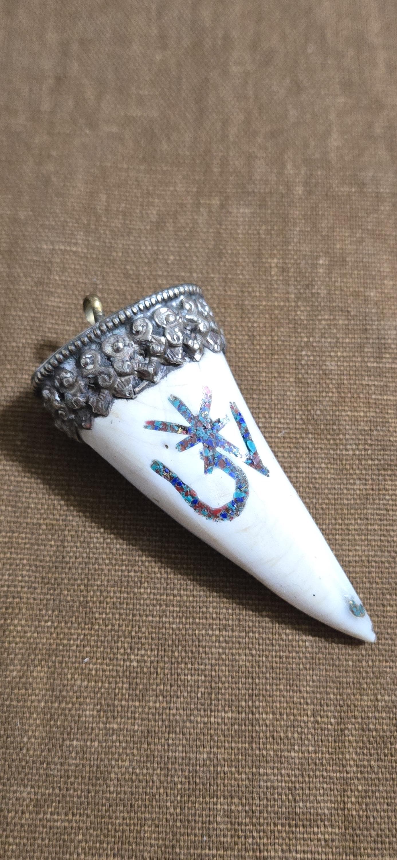 Large Tibetan silver capped naga conch shell tusk horn shape pendant with Tibetan OM turquoise coral inlaid - PM438G1