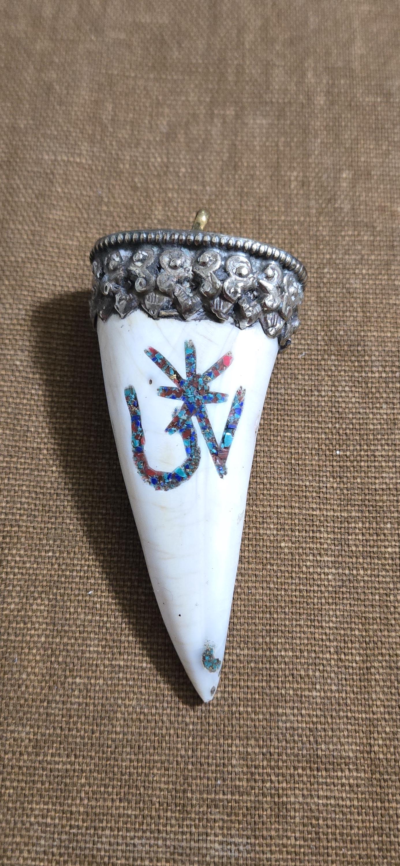 Large Tibetan silver capped naga conch shell tusk horn shape pendant with Tibetan OM turquoise coral inlaid - PM438G1
