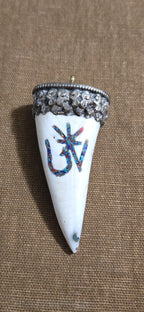 Large Tibetan silver capped naga conch shell tusk horn shape pendant with Tibetan OM turquoise coral inlaid - PM438G1