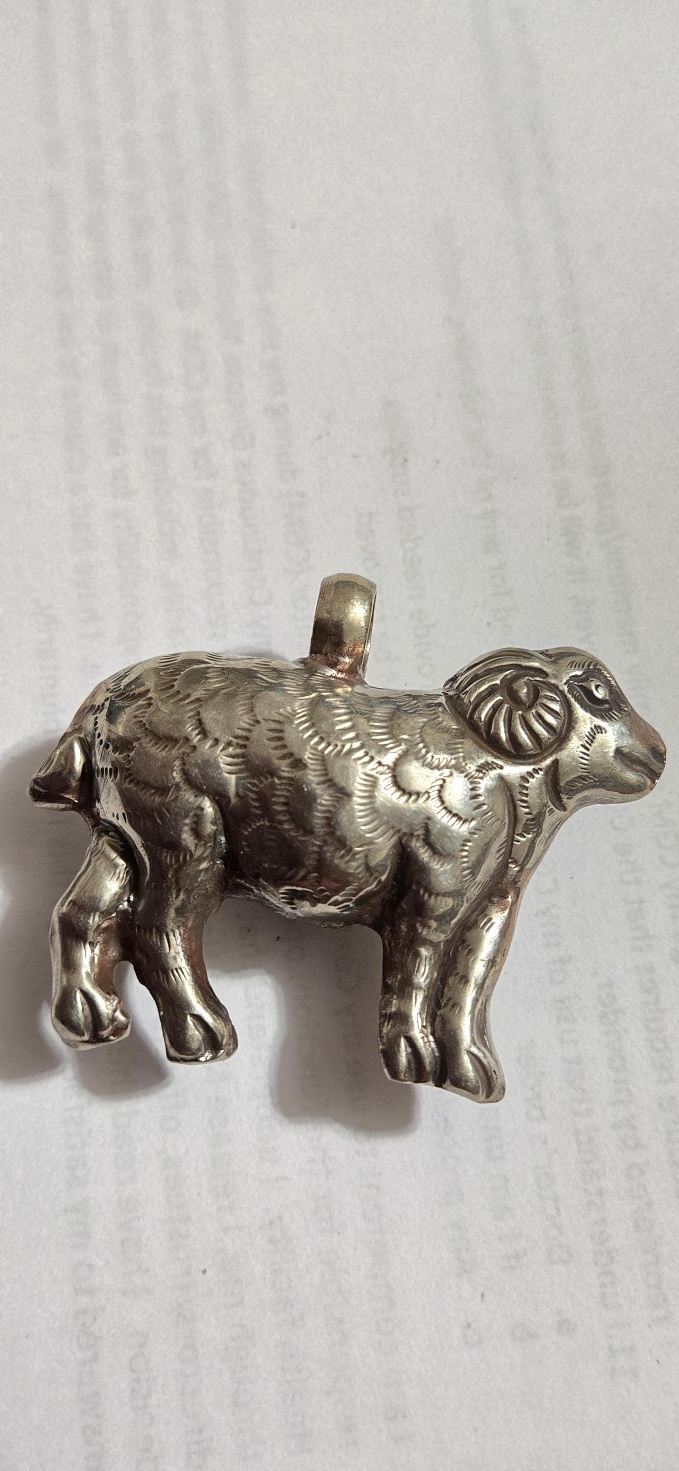 Tibetan Sheep farm animal Pendant with Coral Inlay | Repousse Animal Theme Jewelry | Ethnic Nepal Pendant PM438H2