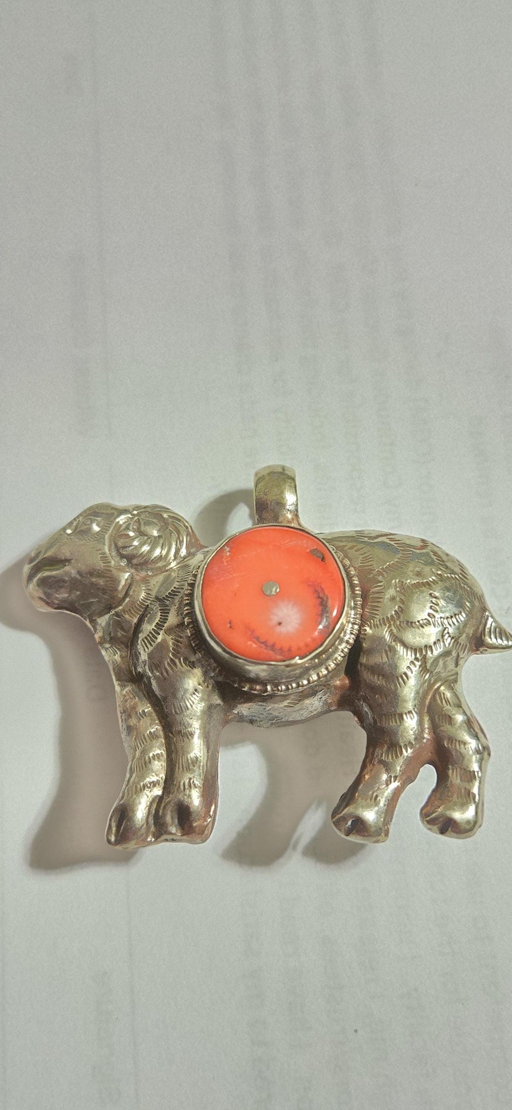 Tibetan Sheep farm animal Pendant with Coral Inlay | Repousse Animal Theme Jewelry | Ethnic Nepal Pendant PM438H2