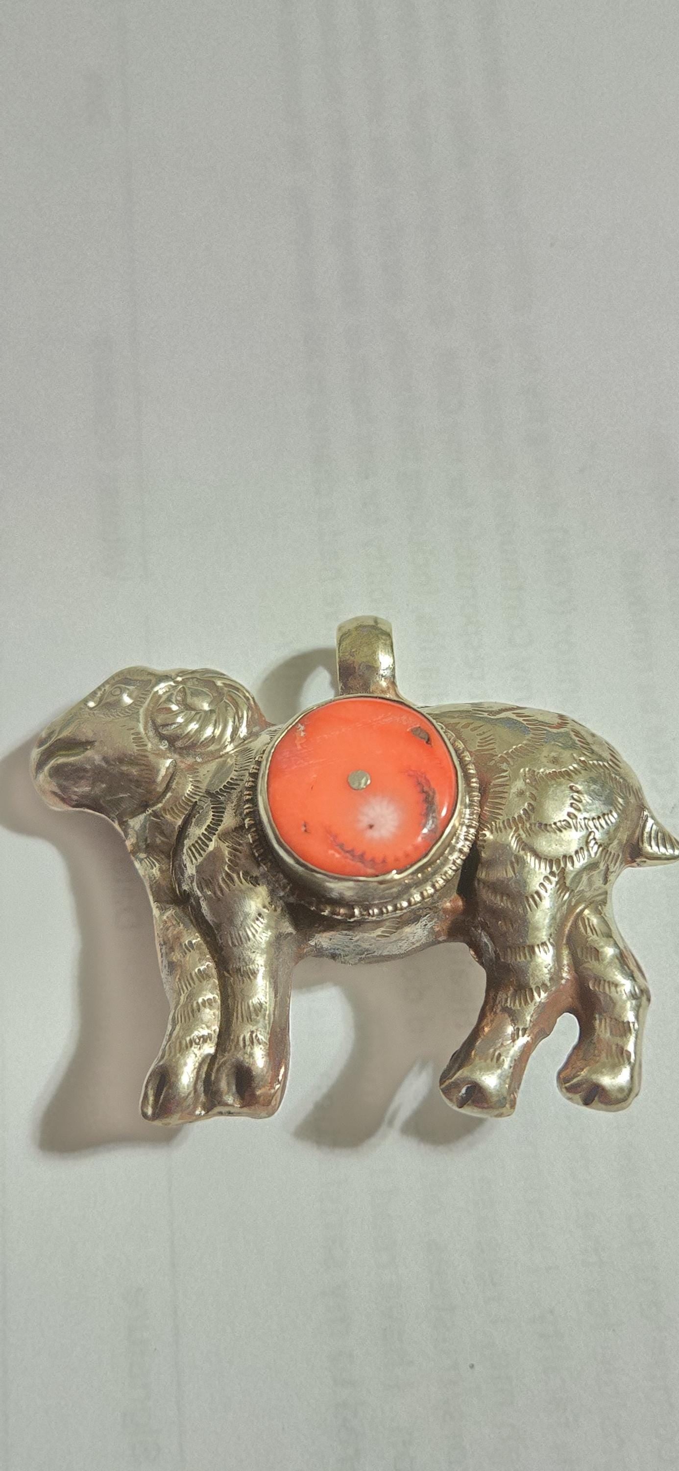 Tibetan Sheep farm animal Pendant with Coral Inlay | Repousse Animal Theme Jewelry | Ethnic Nepal Pendant PM438H2