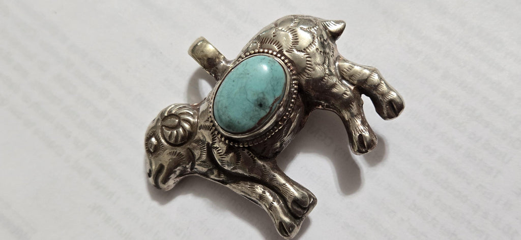 Tibetan Sheep Pendant with turquoise Inlay | Repousse Animal Theme Jewelry | Ethnic Nepal Pendant PM438B3