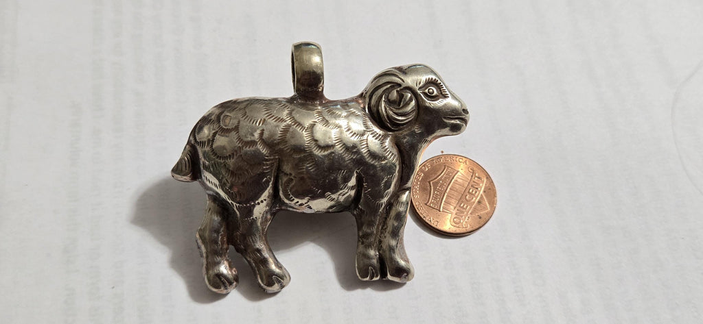 Tibetan Sheep Pendant with turquoise Inlay | Repousse Animal Theme Jewelry | Ethnic Nepal Pendant PM438B3