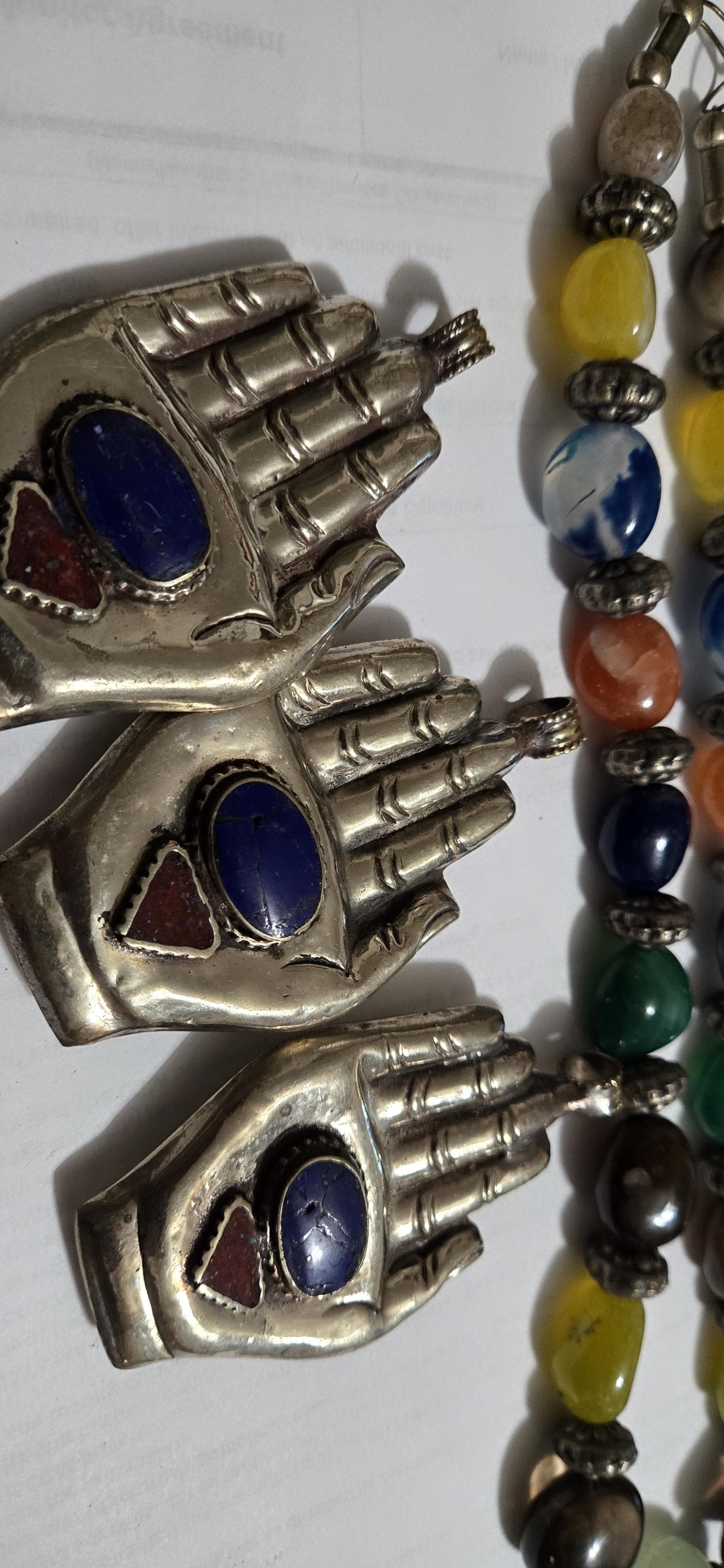 Large bold size Buddha hand lapis coral inlaid Om inscribed reversible pendant rustic finish- PM240A