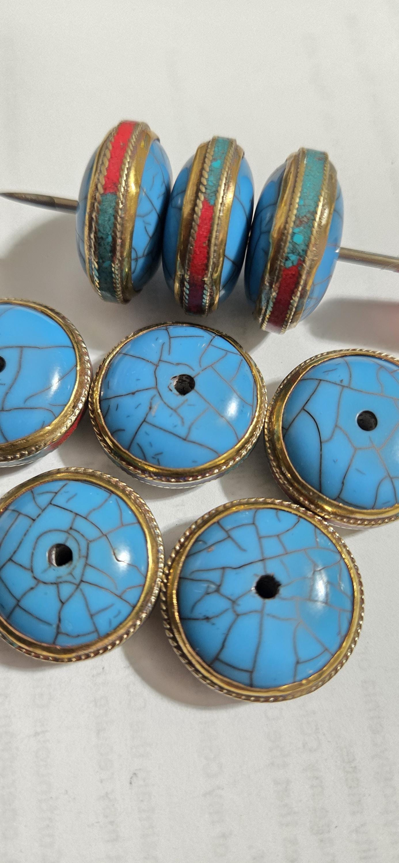 1 BEAD - Reversible Tibetan Donut Disc Bead, Blue Crackle Resin with Turquoise, Coral & Brass Inlay, Nepalese Bead BD519G