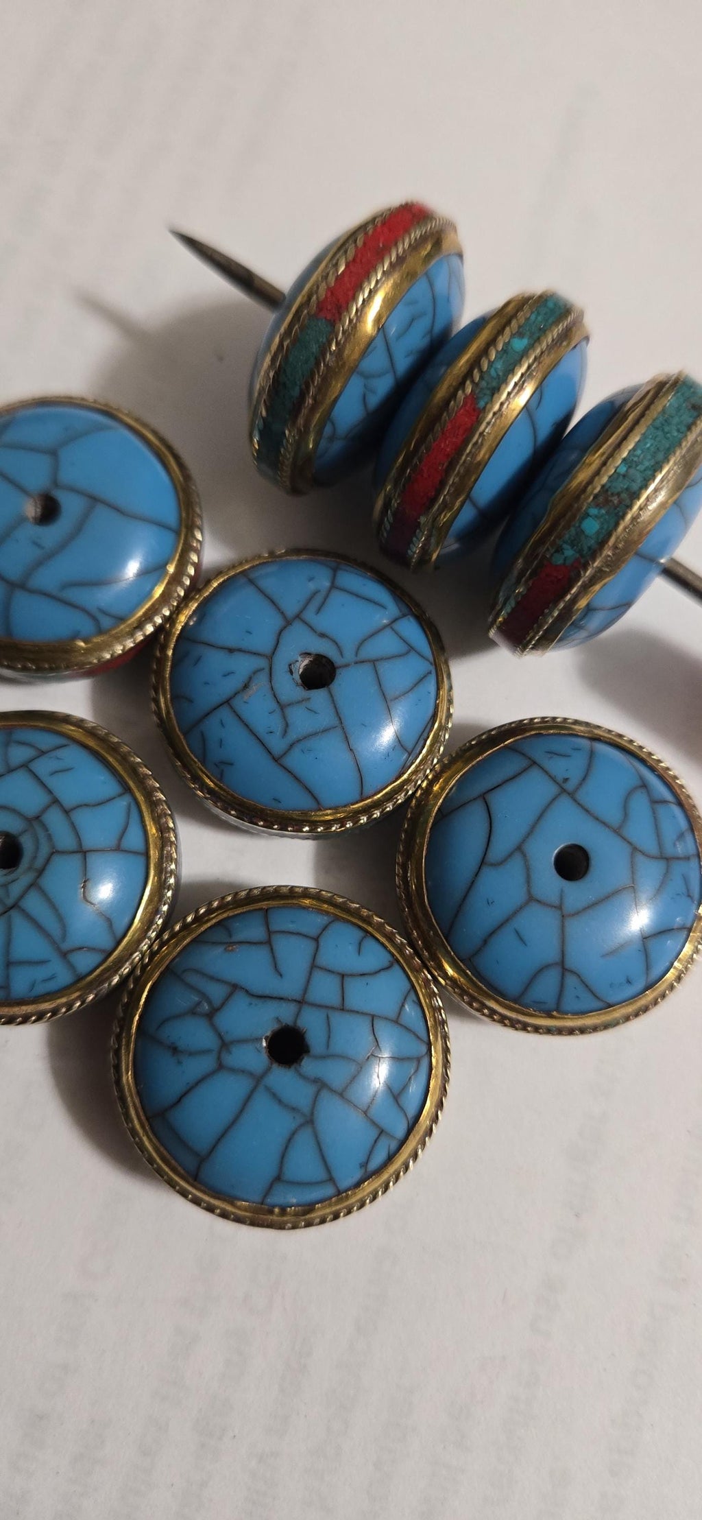 1 BEAD - Reversible Tibetan Donut Disc Bead, Blue Crackle Resin with Turquoise, Coral & Brass Inlay, Nepalese Bead BD519G
