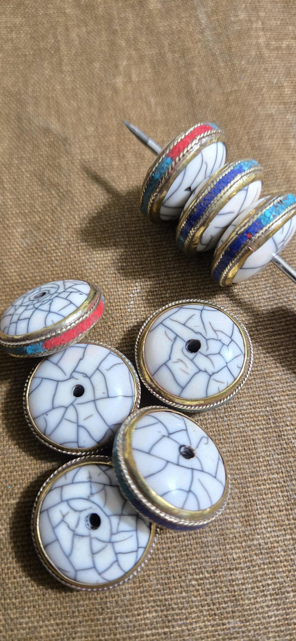 1 BEAD - Reversible Tibetan Donut Disc Bead, White creamish Crackle Resin - mix inlays turquoise, coral or lapis with Brass Inlay BD519H