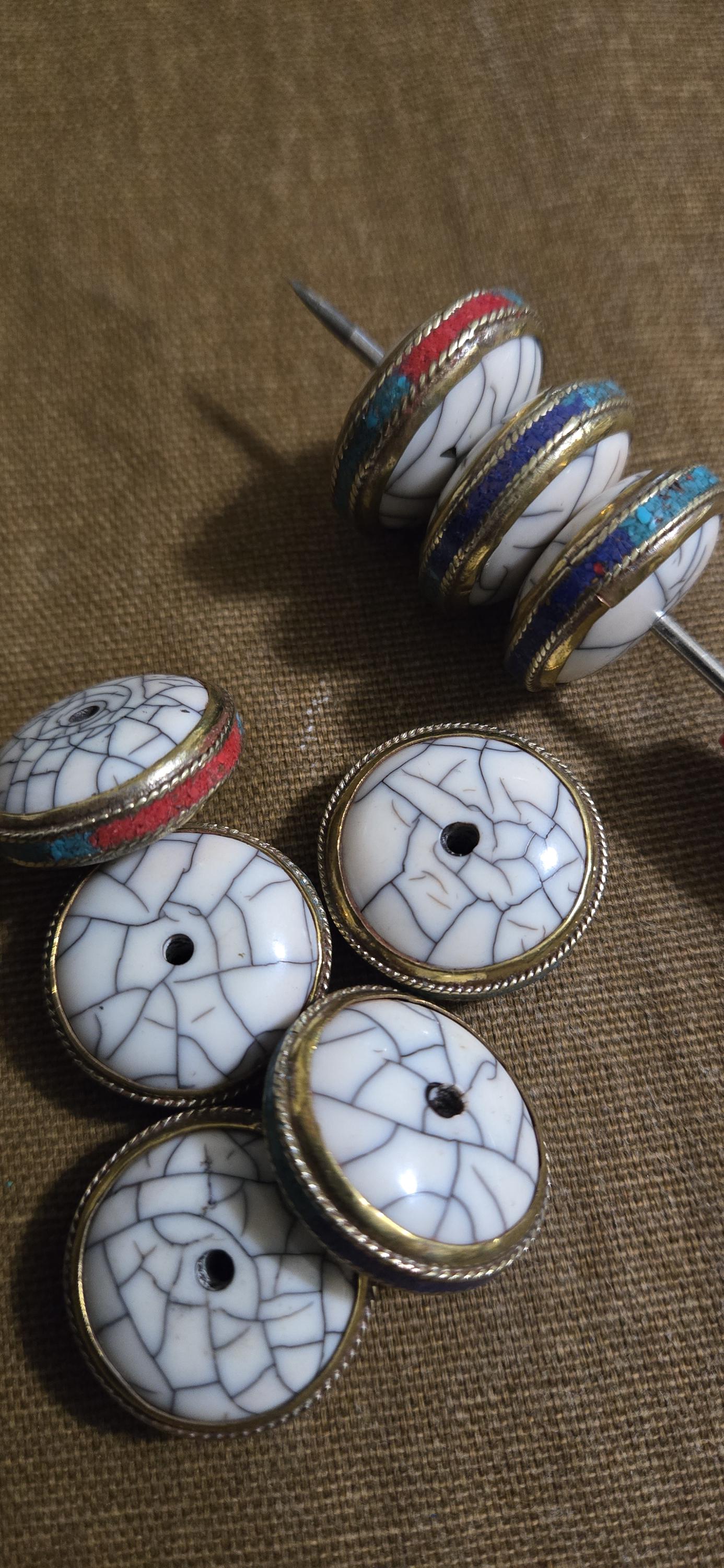 1 BEAD - Reversible Tibetan Donut Disc Bead, White creamish Crackle Resin - mix inlays turquoise, coral or lapis with Brass Inlay BD519H