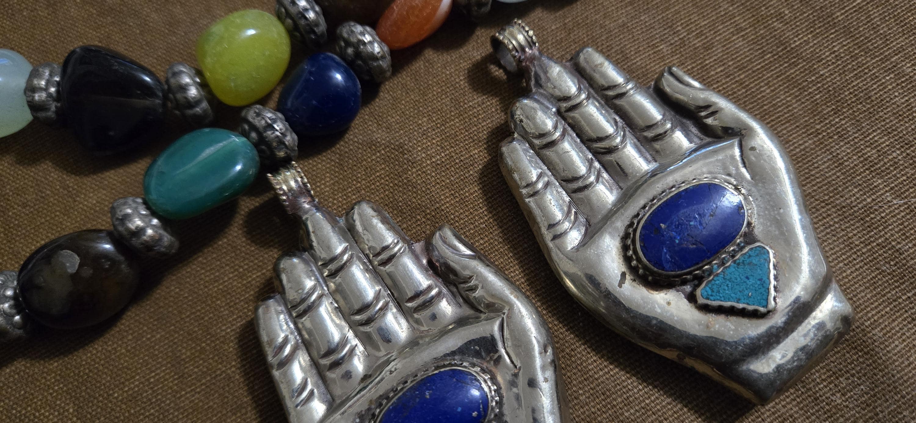 Large bold size Buddha hand lapis turquoise l inlaid Om inscribed reversible pendant rustic antiqued finish- PM240B