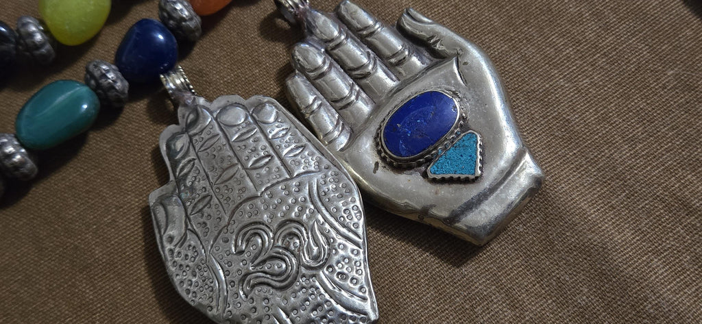 Large bold size Buddha hand lapis turquoise l inlaid Om inscribed reversible pendant rustic antiqued finish- PM240B