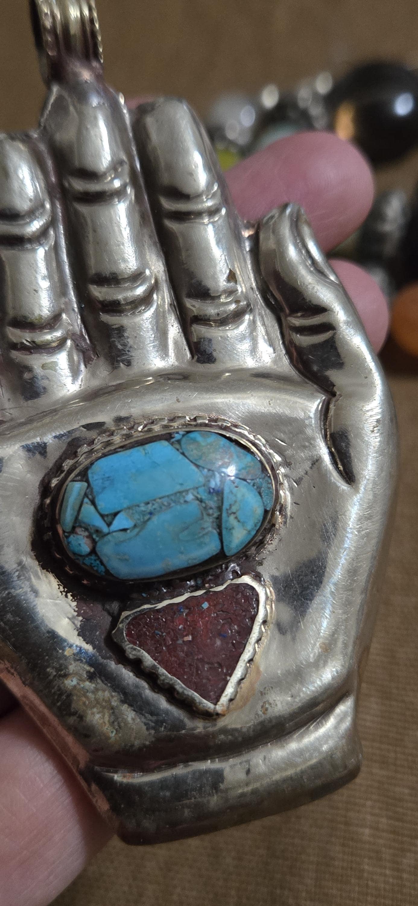 AS is - crude finish large bold size Buddha hand turquoise coral inlaid Om inscribed reversible pendant rustic antiqued finish- PM240C