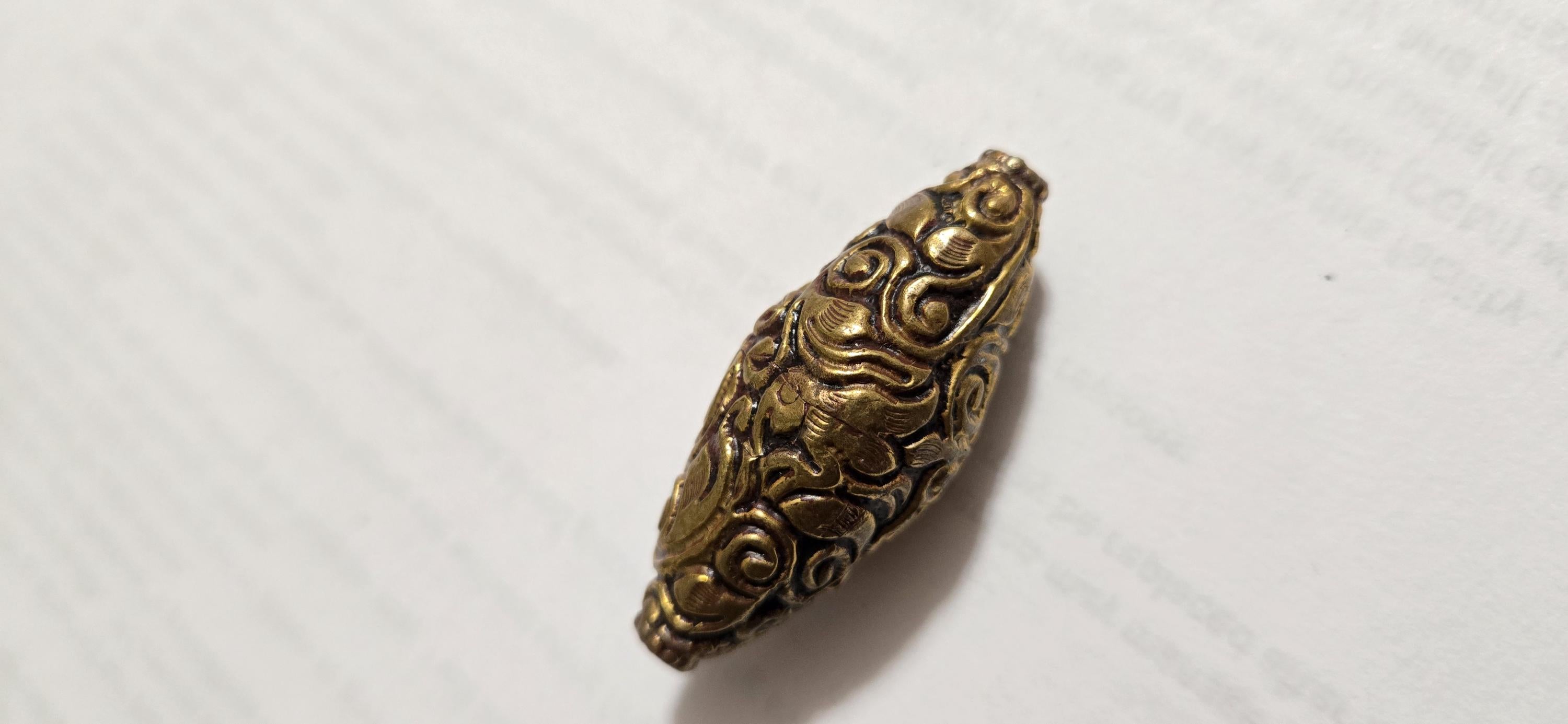 1 Bead - Tibetan brass bead floral bird repousse carved bead ethnic tibetan Nepal bead -PM438C2