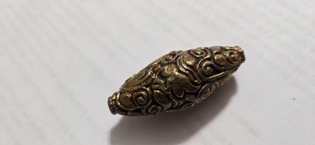 1 Bead - Tibetan brass bead floral bird repousse carved bead ethnic tibetan Nepal bead -PM438C2