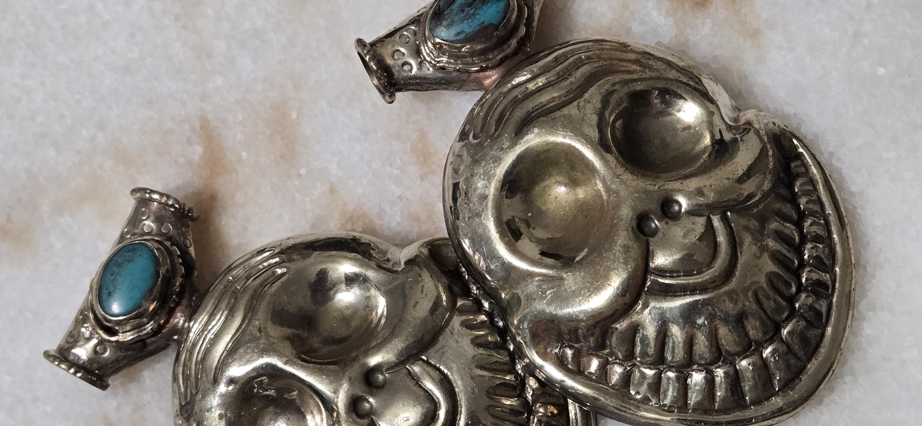 1 Large Tibetan Laughing Skull Pendant with Turquoise Inlay – Nepal Buddhist Amulet, Ethnic Tribal Jewelry Supply PM347B