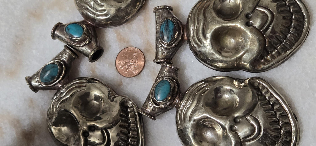 1 Large Tibetan Laughing Skull Pendant with Turquoise Inlay – Nepal Buddhist Amulet, Ethnic Tribal Jewelry Supply PM347B