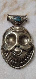 1 Large Tibetan Laughing Skull Pendant with Turquoise Inlay – Nepal Buddhist Amulet, Ethnic Tribal Jewelry Supply PM347B
