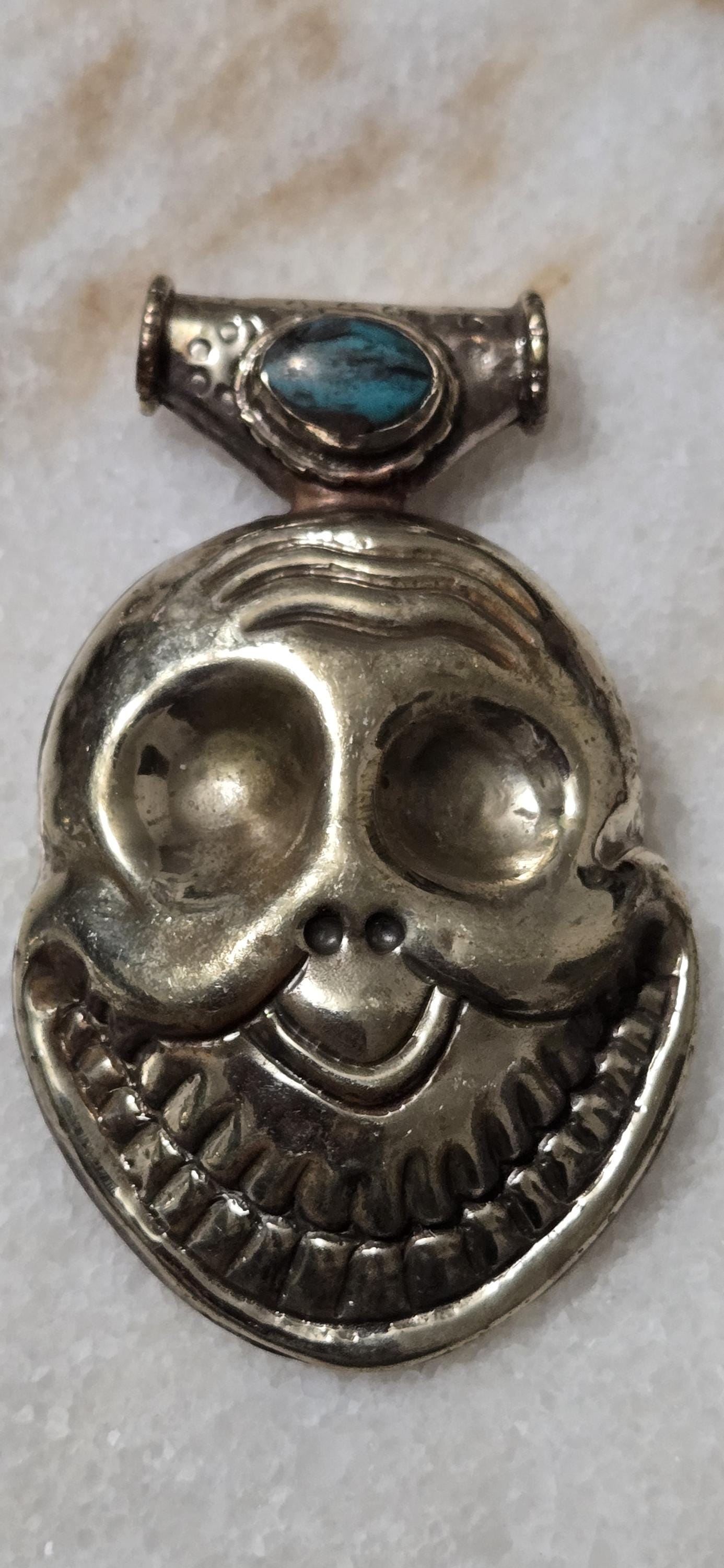 1 Large Tibetan Laughing Skull Pendant with Turquoise Inlay – Nepal Buddhist Amulet, Ethnic Tribal Jewelry Supply PM347B