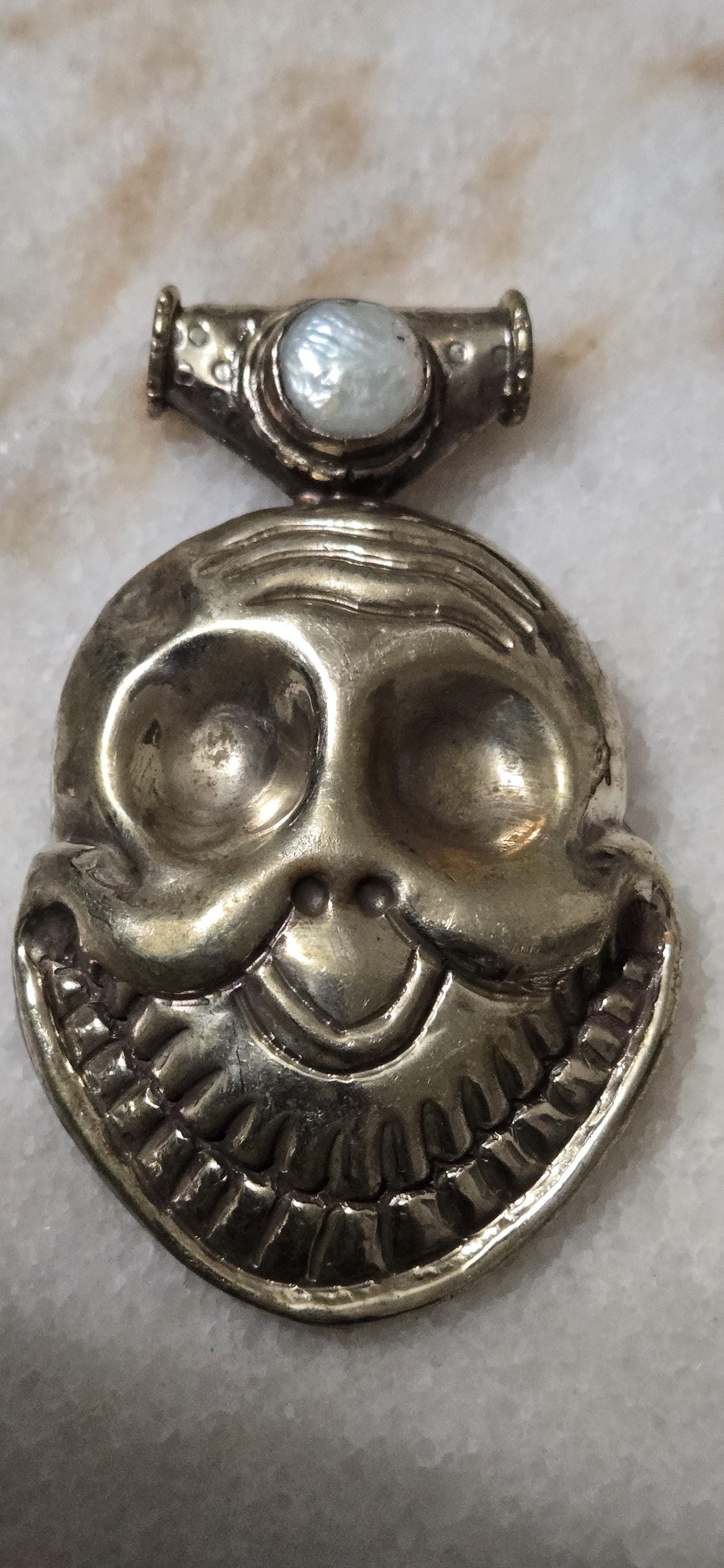 1 Large Tibetan Laughing Skull Pendant with pearl Inlay – Nepal Tibetan Amulet, Ethnic Tribal Jewelry Supply PM347C