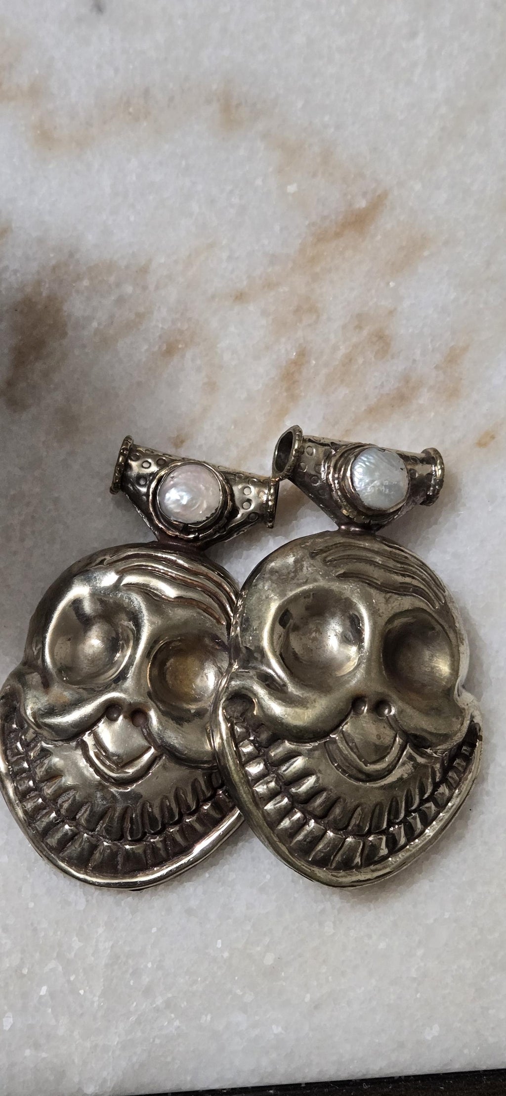 1 Large Tibetan Laughing Skull Pendant with pearl Inlay – Nepal Tibetan Amulet, Ethnic Tribal Jewelry Supply PM347C
