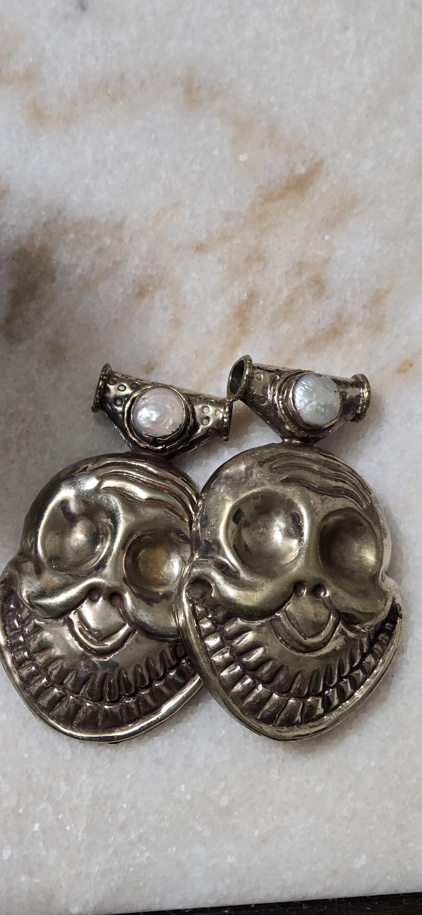 1 Large Tibetan Laughing Skull Pendant with pearl Inlay – Nepal Tibetan Amulet, Ethnic Tribal Jewelry Supply PM347C