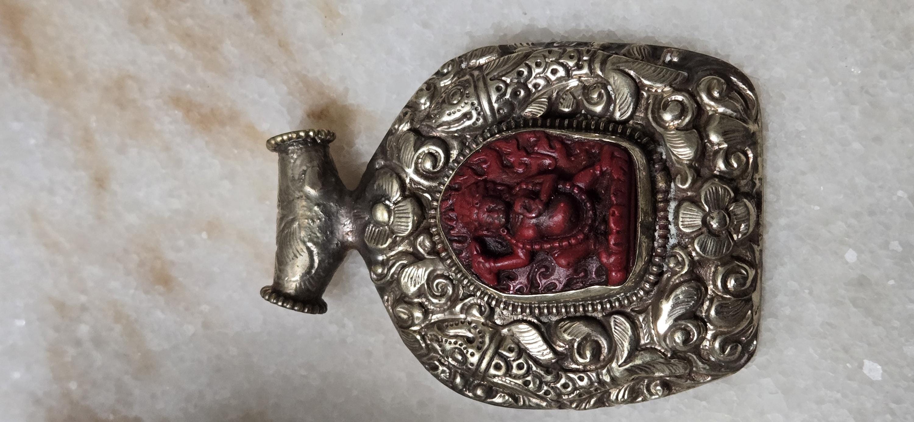 Tibetan silver Maroon red Vajrapani Buddha pendant with double fish symbol and reverse floral repousse - PM346B