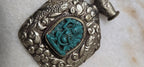 Tibetan antiqued silver finish green Vajrapani Buddha pendant with double fish symbol and reverse floral repousse - PM346C