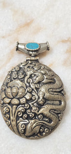 OOAK Large big Tibetan antiqued silver finish reposse lotus flower and dragon hinge bail pendant with turquoise inlay - PM346D