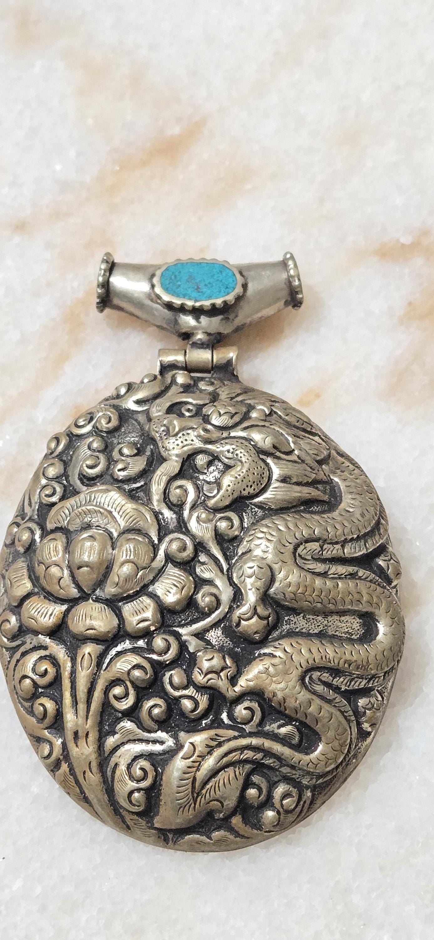 OOAK Large big Tibetan antiqued silver finish reposse lotus flower and dragon hinge bail pendant with turquoise inlay - PM346D