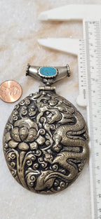 OOAK Large big Tibetan antiqued silver finish reposse lotus flower and dragon hinge bail pendant with turquoise inlay - PM346D