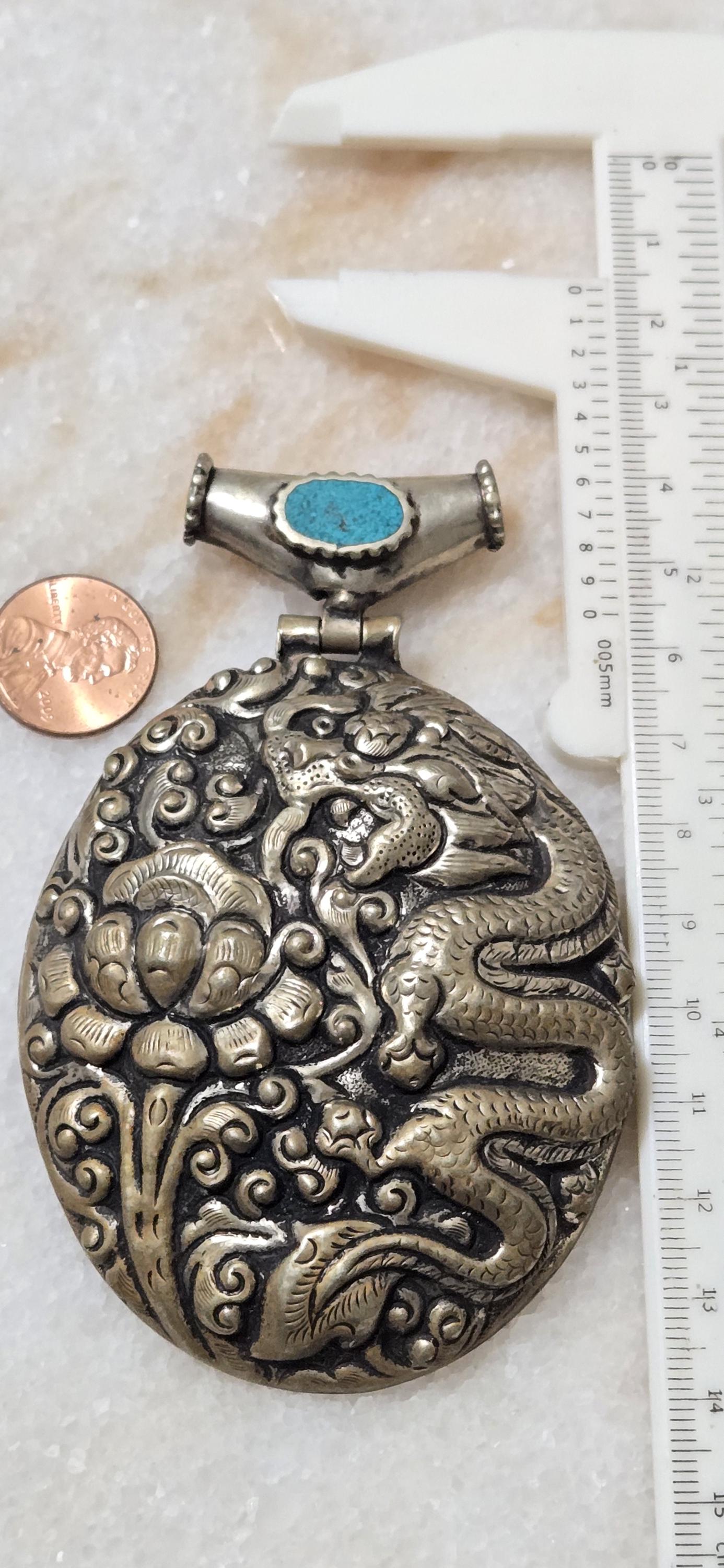 OOAK Large big Tibetan antiqued silver finish reposse lotus flower and dragon hinge bail pendant with turquoise inlay - PM346D