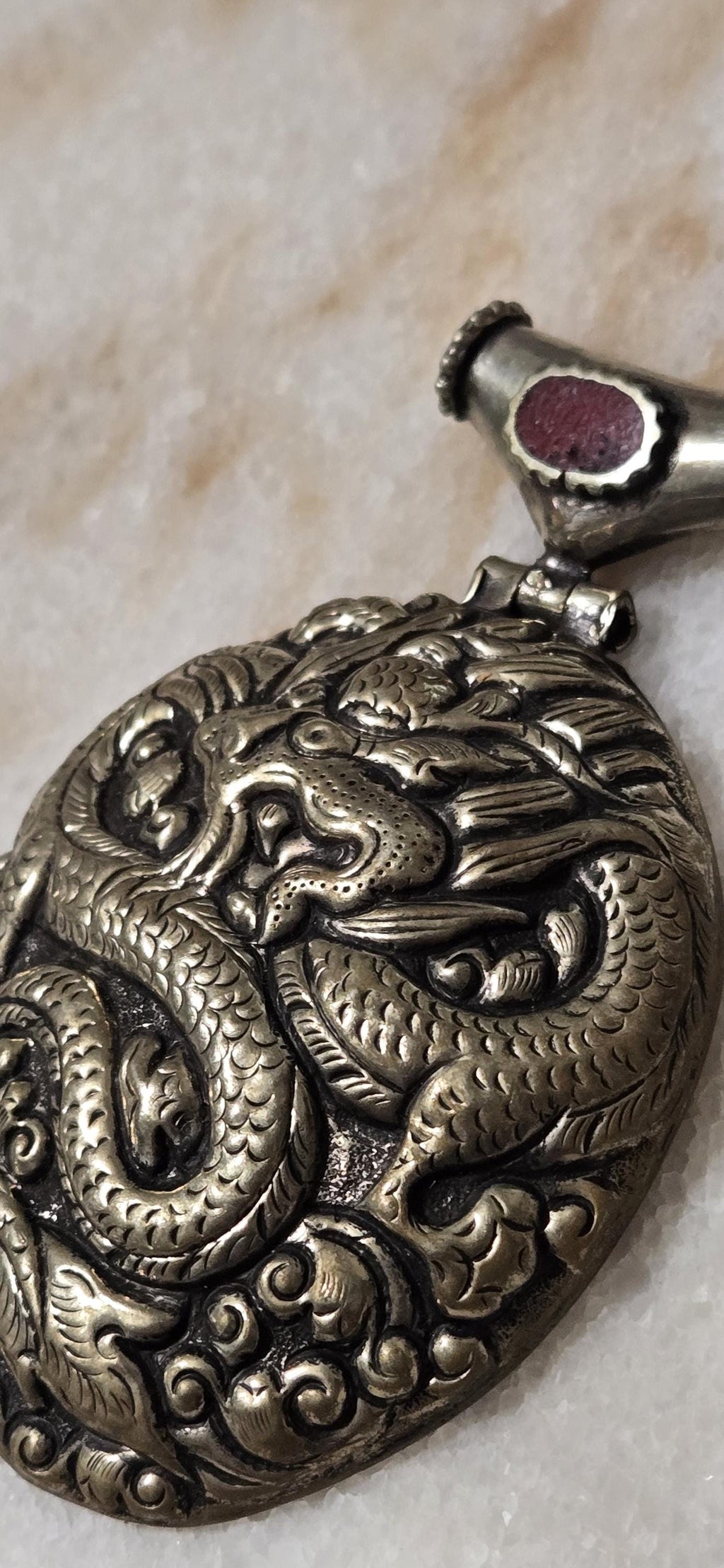 Unique OOAK Large Tibetan Dragon Pendant, Antiqued Silver Finish, Hinge Bail with coral Inlay - PM346E