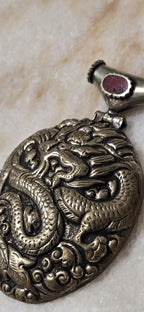 Unique OOAK Large Tibetan Dragon Pendant, Antiqued Silver Finish, Hinge Bail with coral Inlay - PM346E