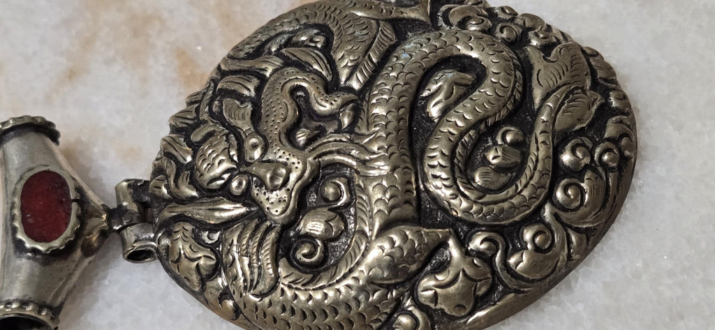 Unique OOAK Large Tibetan Dragon Pendant, Antiqued Silver Finish, Hinge Bail with coral Inlay - PM346E
