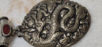 Unique OOAK Large Tibetan Dragon Pendant, Antiqued Silver Finish, Hinge Bail with coral Inlay - PM346E