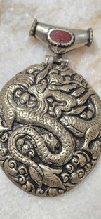 Unique OOAK Large Tibetan Dragon Pendant, Antiqued Silver Finish, Hinge Bail with coral Inlay - PM346E