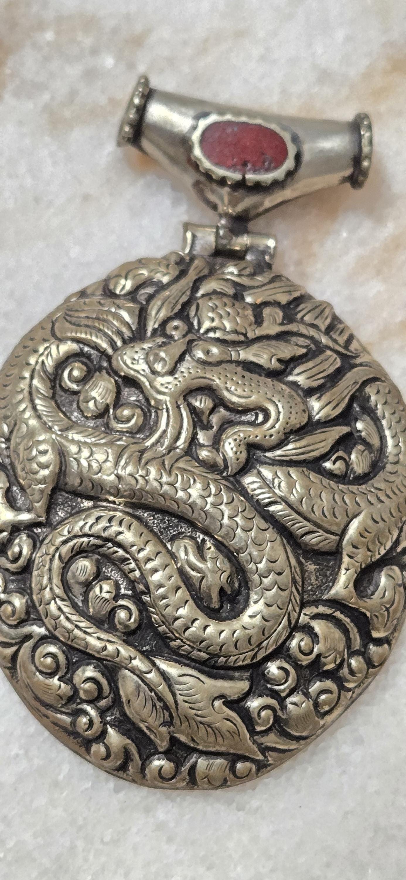 Unique OOAK Large Tibetan Dragon Pendant, Antiqued Silver Finish, Hinge Bail with coral Inlay - PM346E