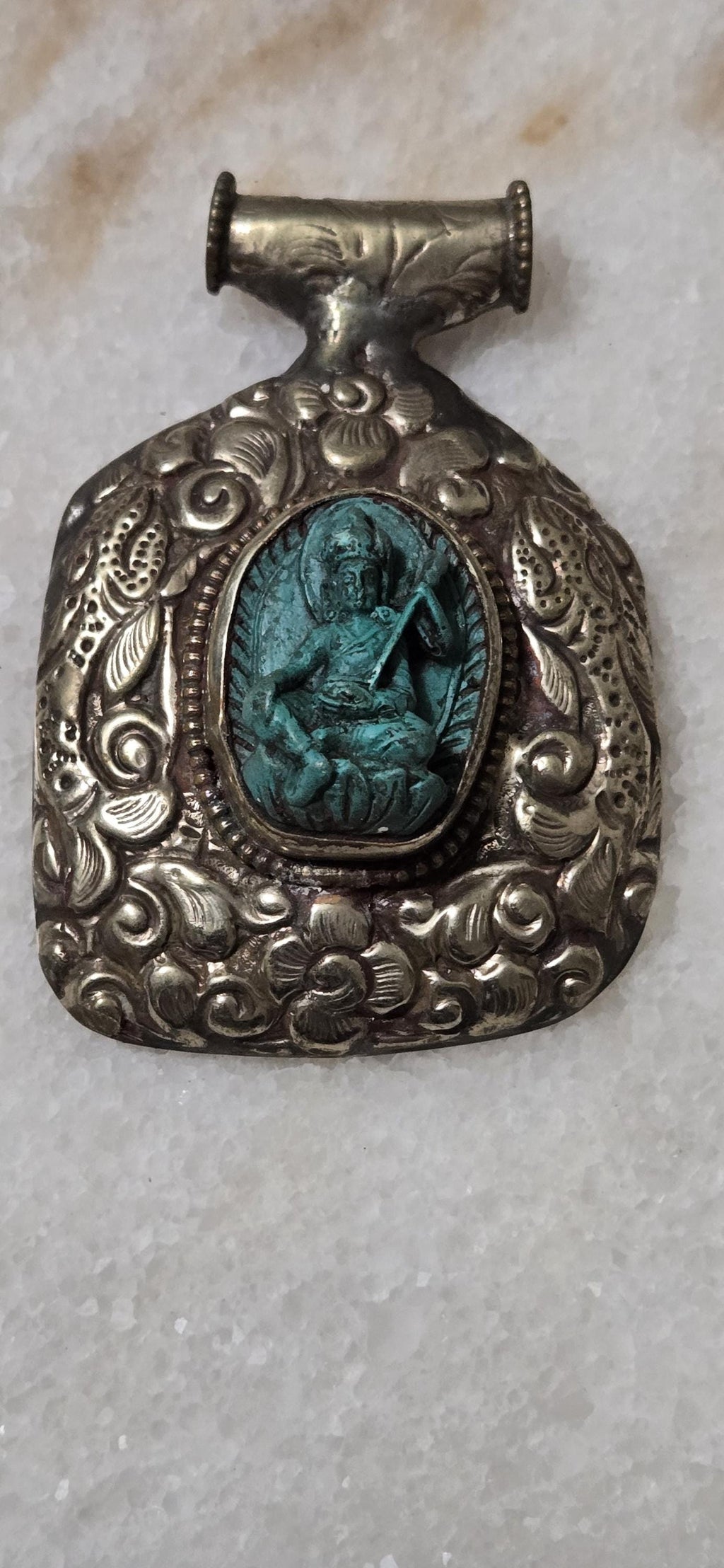 OOAK Tibetan Buddha with Veena Pendant, Lotus Seat, Antiqued Silver finish with fish repousse, Spiritual Jewelry Nepal PM346H