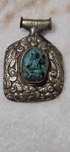 OOAK Tibetan Buddha with Veena Pendant, Lotus Seat, Antiqued Silver finish with fish repousse, Spiritual Jewelry Nepal PM346H
