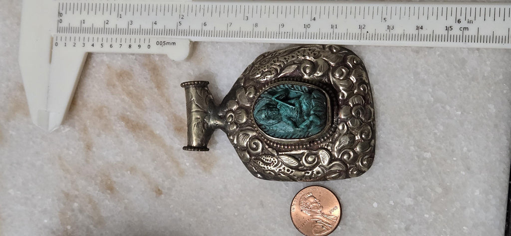 OOAK Tibetan Buddha with Veena Pendant, Lotus Seat, Antiqued Silver finish with fish repousse, Spiritual Jewelry Nepal PM346H