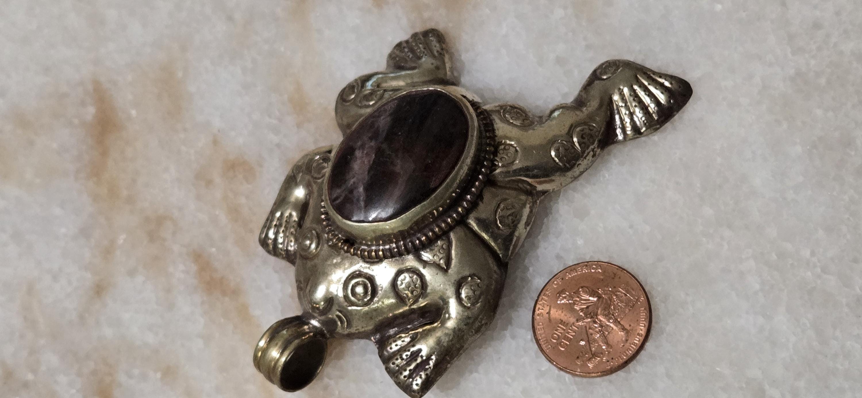 OOAK Tibetan Antiqued Silver finish Repousse Frog pendant with gemstone inlay and reverse phoenix bird carving - PM346K
