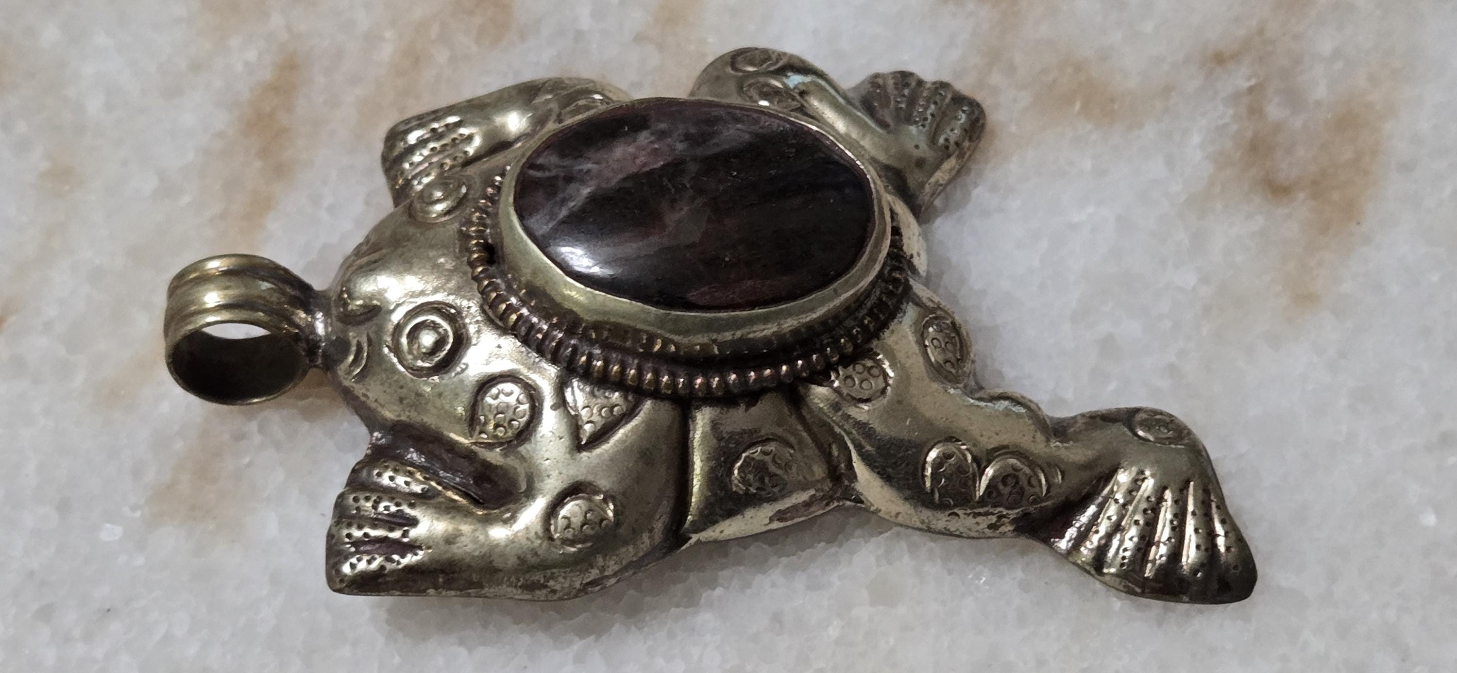 OOAK Tibetan Antiqued Silver finish Repousse Frog pendant with gemstone inlay and reverse phoenix bird carving - PM346K