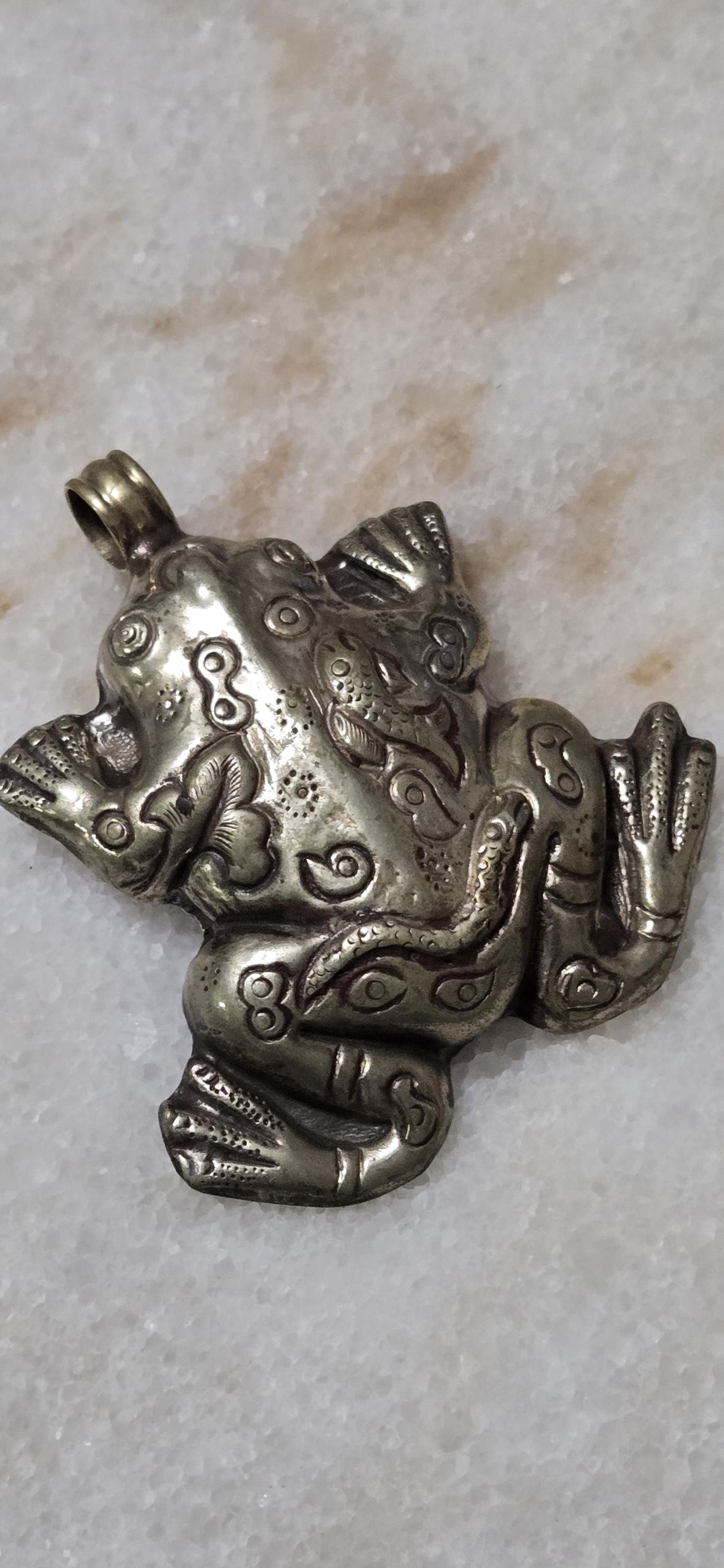 Large Tibetan Frog Pendant – Antiqued Silver Finish with Fish Carving on top side & Bird Detail on Reverse- Nepal pendants – PM346F