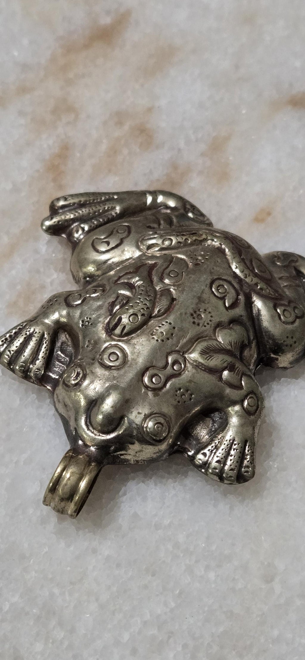 Large Tibetan Frog Pendant – Antiqued Silver Finish with Fish Carving on top side & Bird Detail on Reverse- Nepal pendants – PM346F