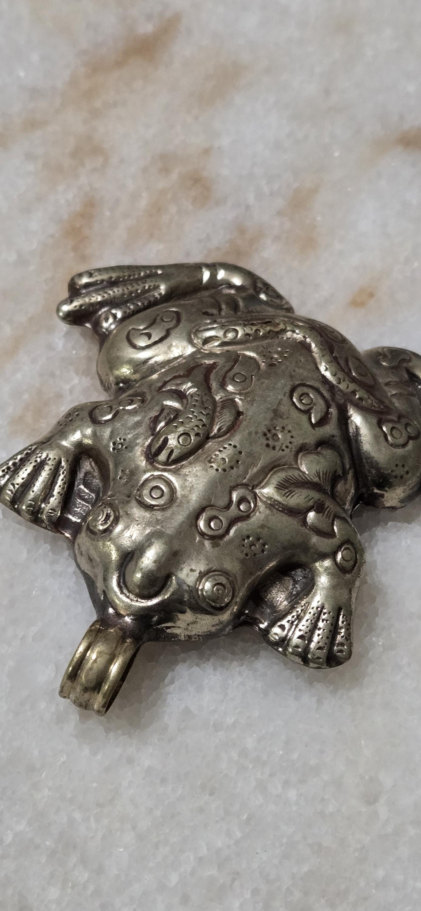 Large Tibetan Frog Pendant – Antiqued Silver Finish with Fish Carving on top side & Bird Detail on Reverse- Nepal pendants – PM346F