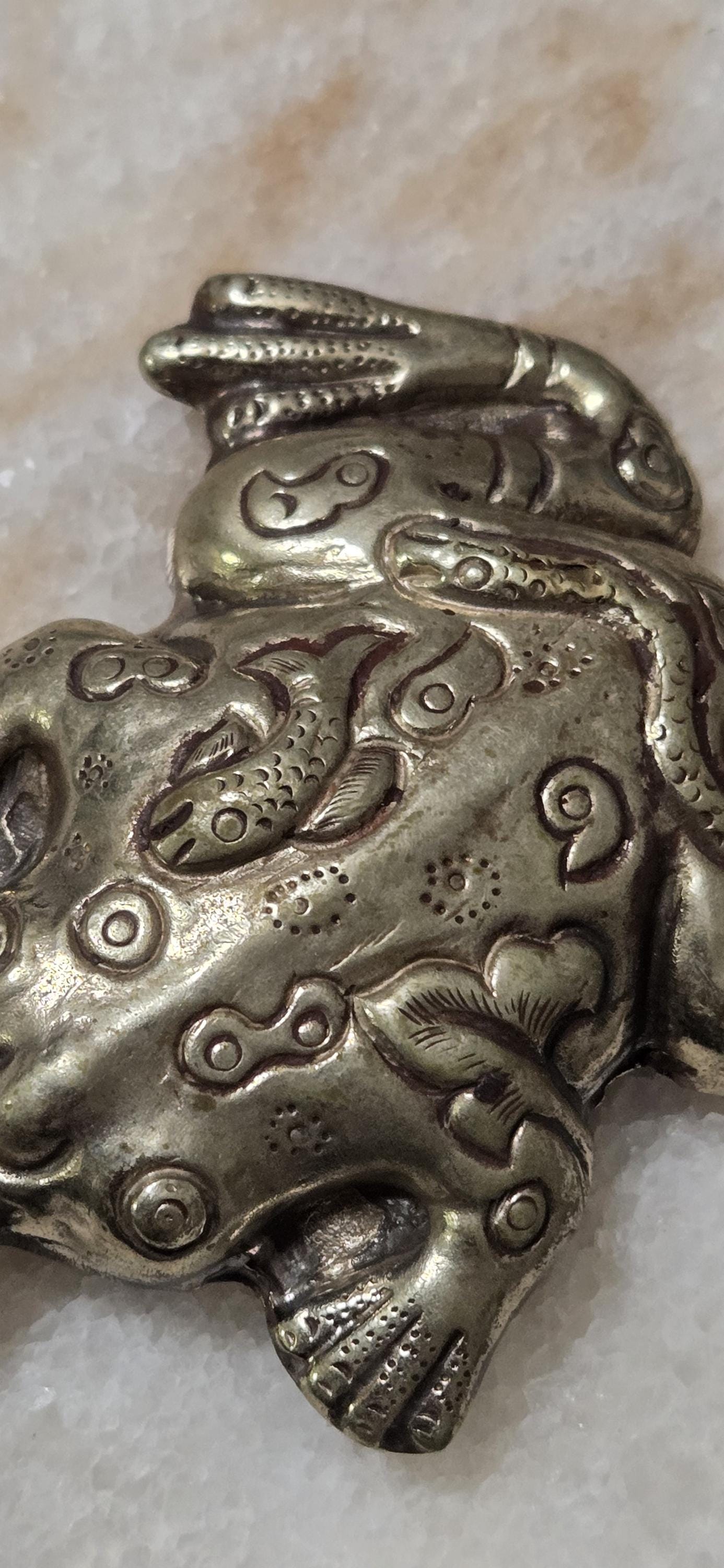 Large Tibetan Frog Pendant – Antiqued Silver Finish with Fish Carving on top side & Bird Detail on Reverse- Nepal pendants – PM346F
