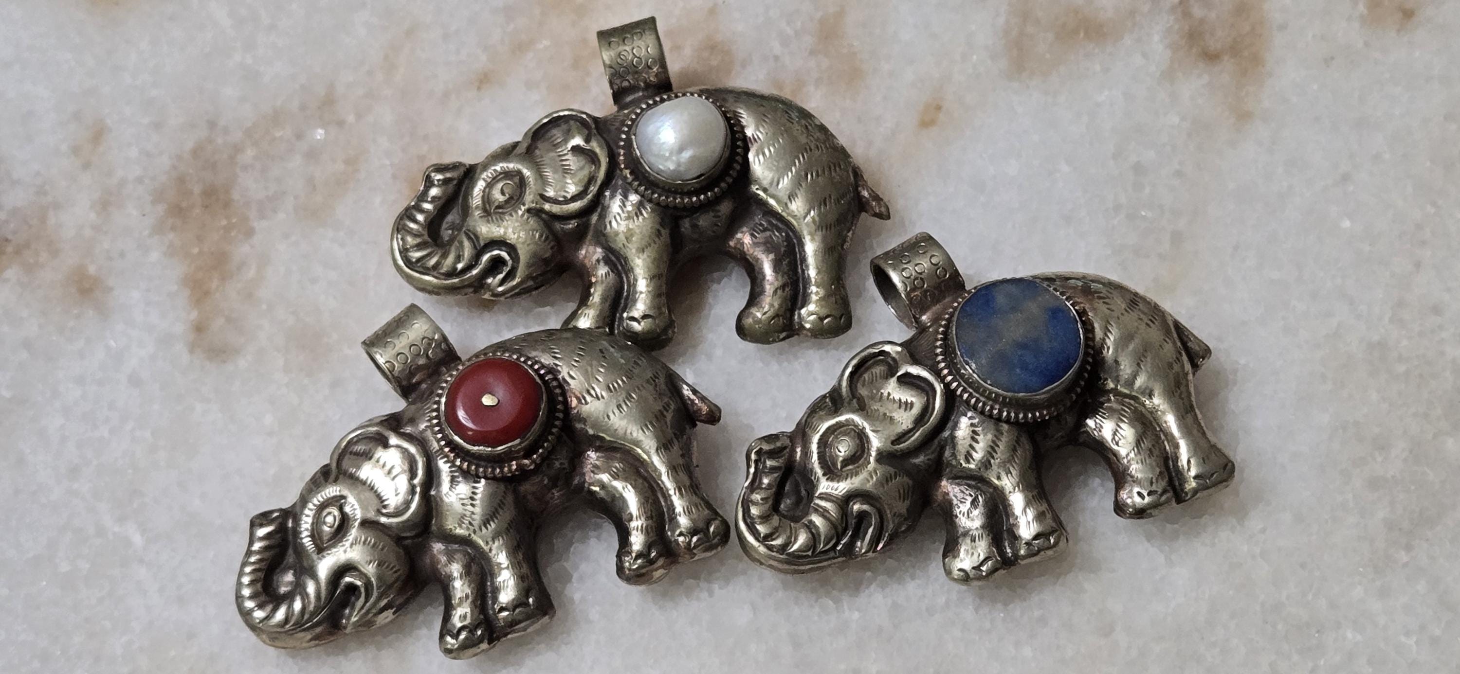 Set of 3 Elephant Pendants – Lapis, Pearl & Resin Inlay | Tibetan Repousse Design | Elephant Lovers Charm Pendants – PM346M