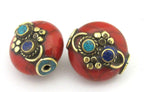 1 BEAD - Beautiful red crackle resin reversible beads inlaid with brass lapis and turquoise - BD673